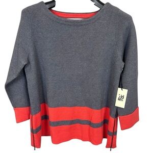 NWT Max Studio Womens Sweater Medium Wool Blend Orange grey Side Zippers Striped